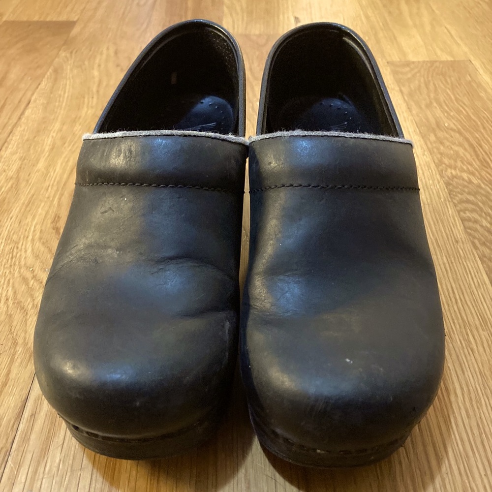 Dansko black oiled leather clogs, size 38
